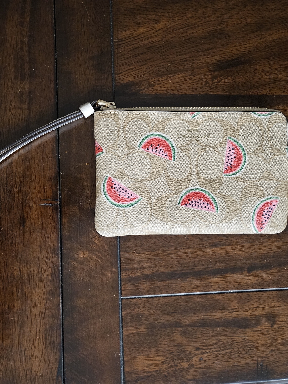 Coach Beige Signature Wristlet with Pink & Green Watermelon Motif